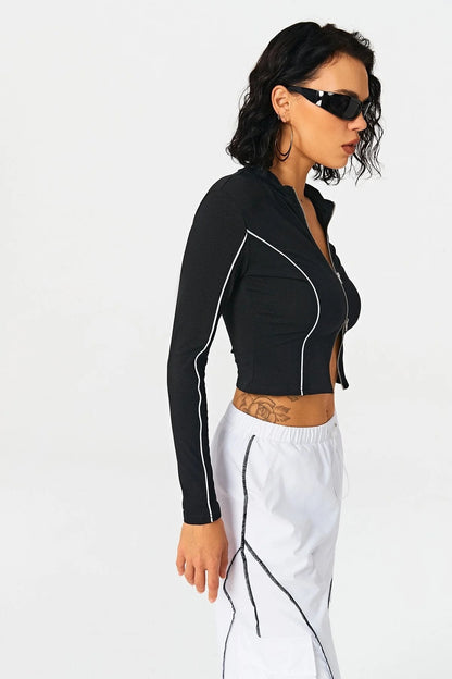 VERALEZ™ LineAura Women’s Contrast Line Knit Shirt with Standing Collar