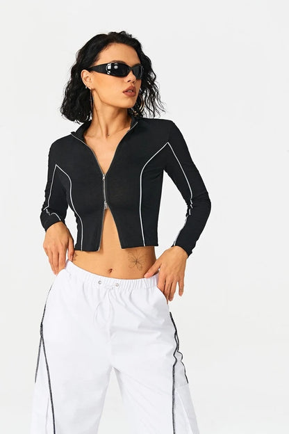VERALEZ™ LineAura Women’s Contrast Line Knit Shirt with Standing Collar