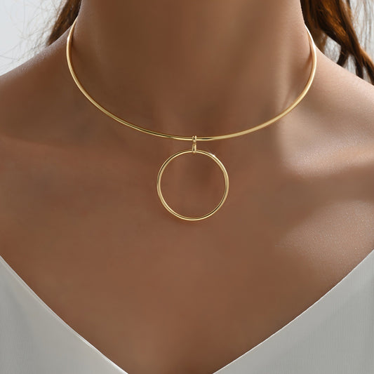 VERALEZ™ GeoLuxe – Women’s Statement Collar Choker Necklace with Big Circle Metal Pendant