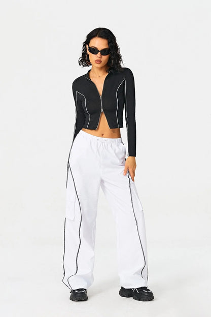 VERALEZ™ LineAura Women’s Contrast Line Knit Shirt with Standing Collar