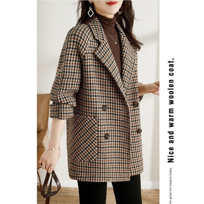 VERALEZ™ HoundElegance – Women's Houndstooth Woolen Suit Collar Coat
