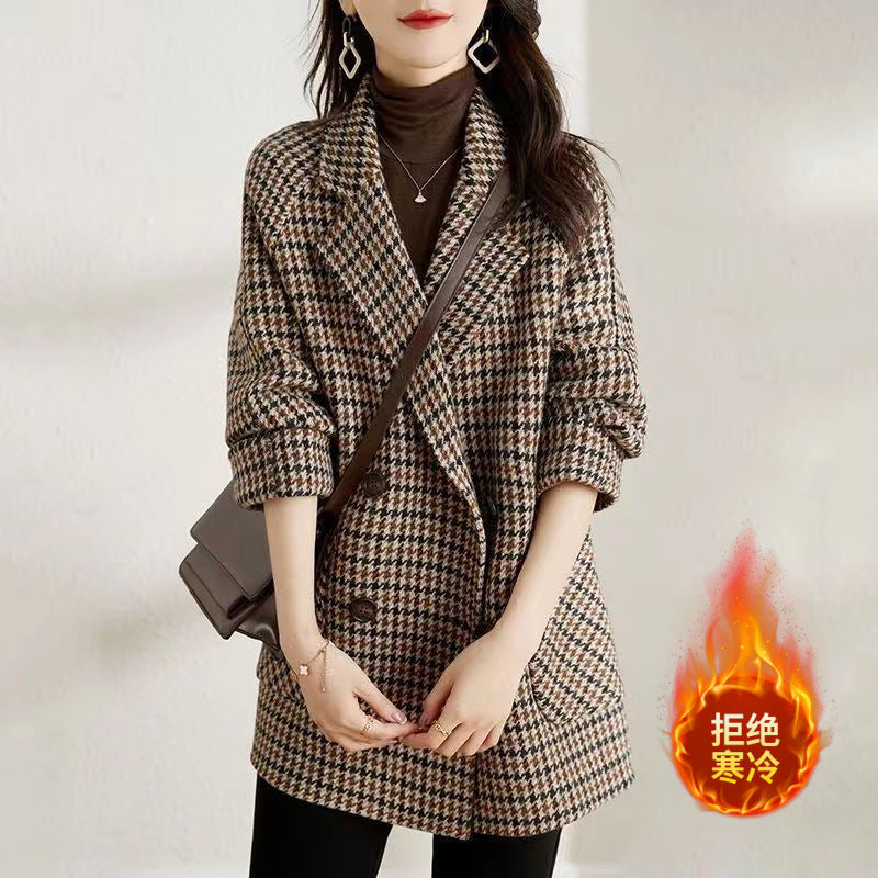 VERALEZ™ HoundElegance – Women's Houndstooth Woolen Suit Collar Coat
