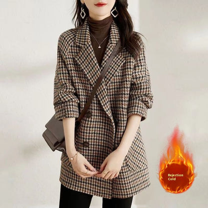 VERALEZ™ HoundElegance – Women's Houndstooth Woolen Suit Collar Coat