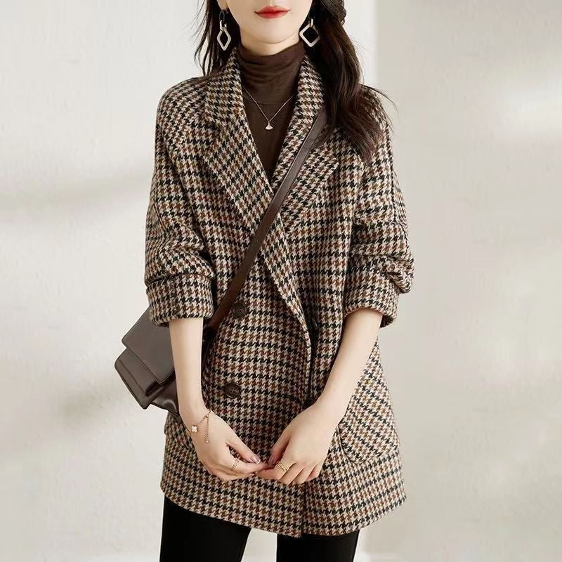 VERALEZ™ HoundElegance – Women's Houndstooth Woolen Suit Collar Coat