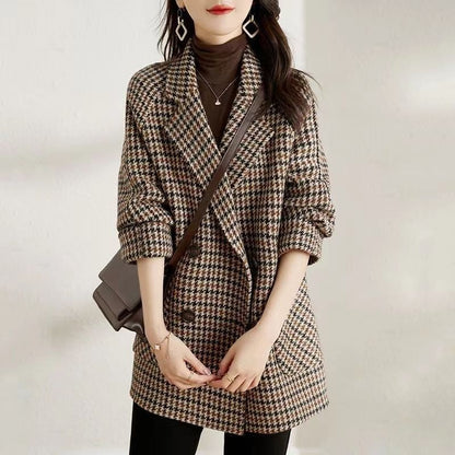 VERALEZ™ HoundElegance – Women's Houndstooth Woolen Suit Collar Coat