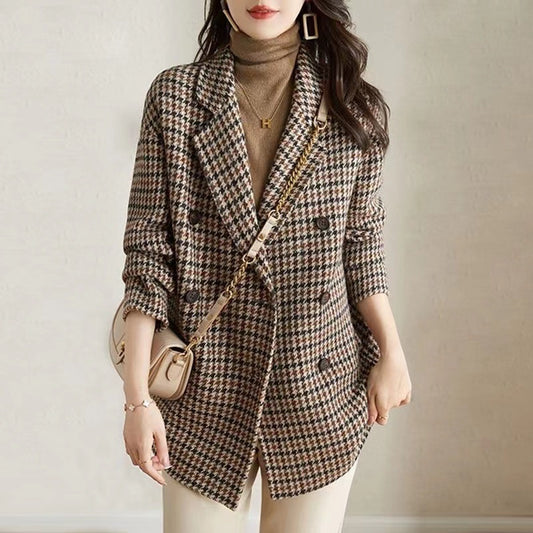 VERALEZ™ HoundElegance – Women's Houndstooth Woolen Suit Collar Coat