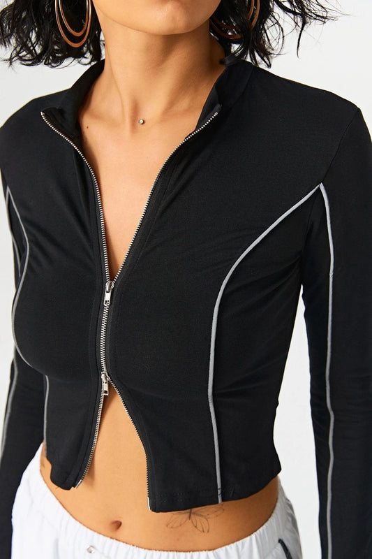 VERALEZ™ LineAura Women’s Contrast Line Knit Shirt with Standing Collar